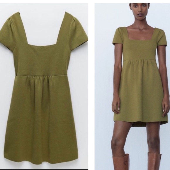 Zara Green Stretchy Knit Square Neck Skater Mini Dress - Picture 1 of 12